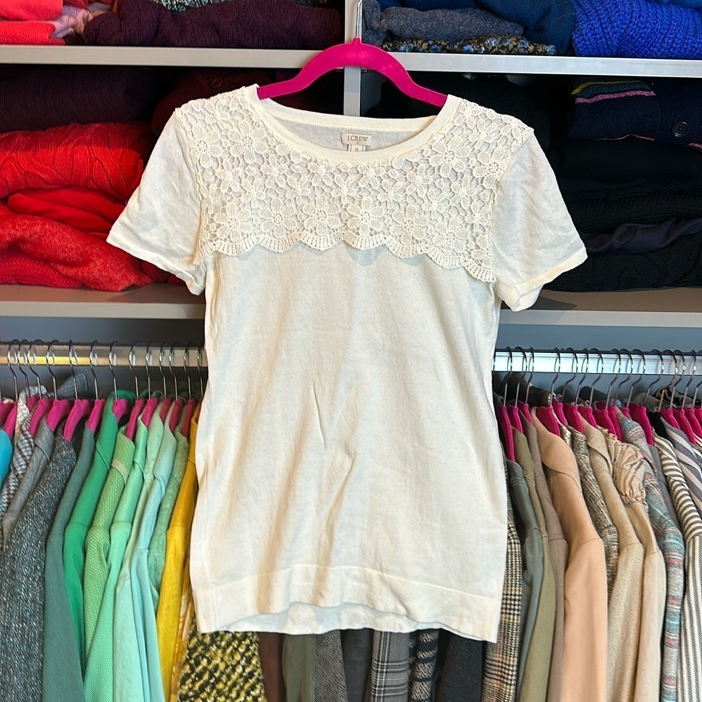 J Crew ivory embroidered short sleeve crew neck sweater size XS